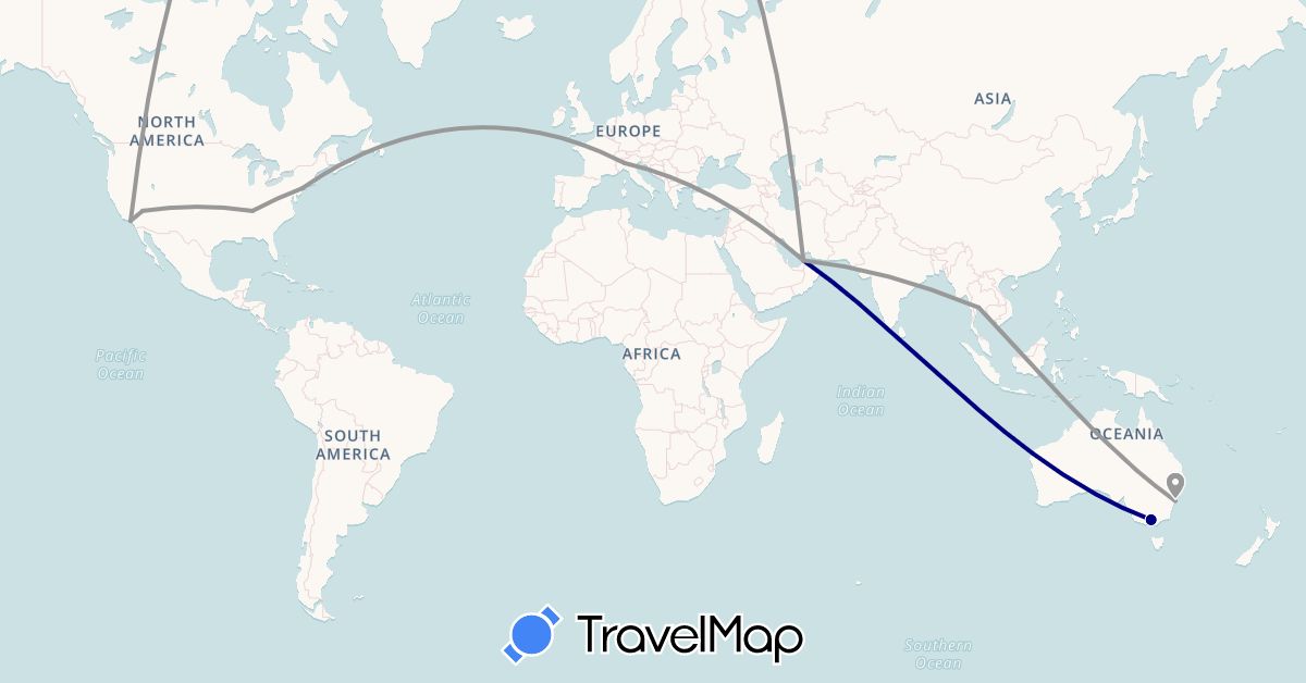 TravelMap itinerary: driving, plane in United Arab Emirates, Australia, Italy, Thailand, United States (Asia, Europe, North America, Oceania)